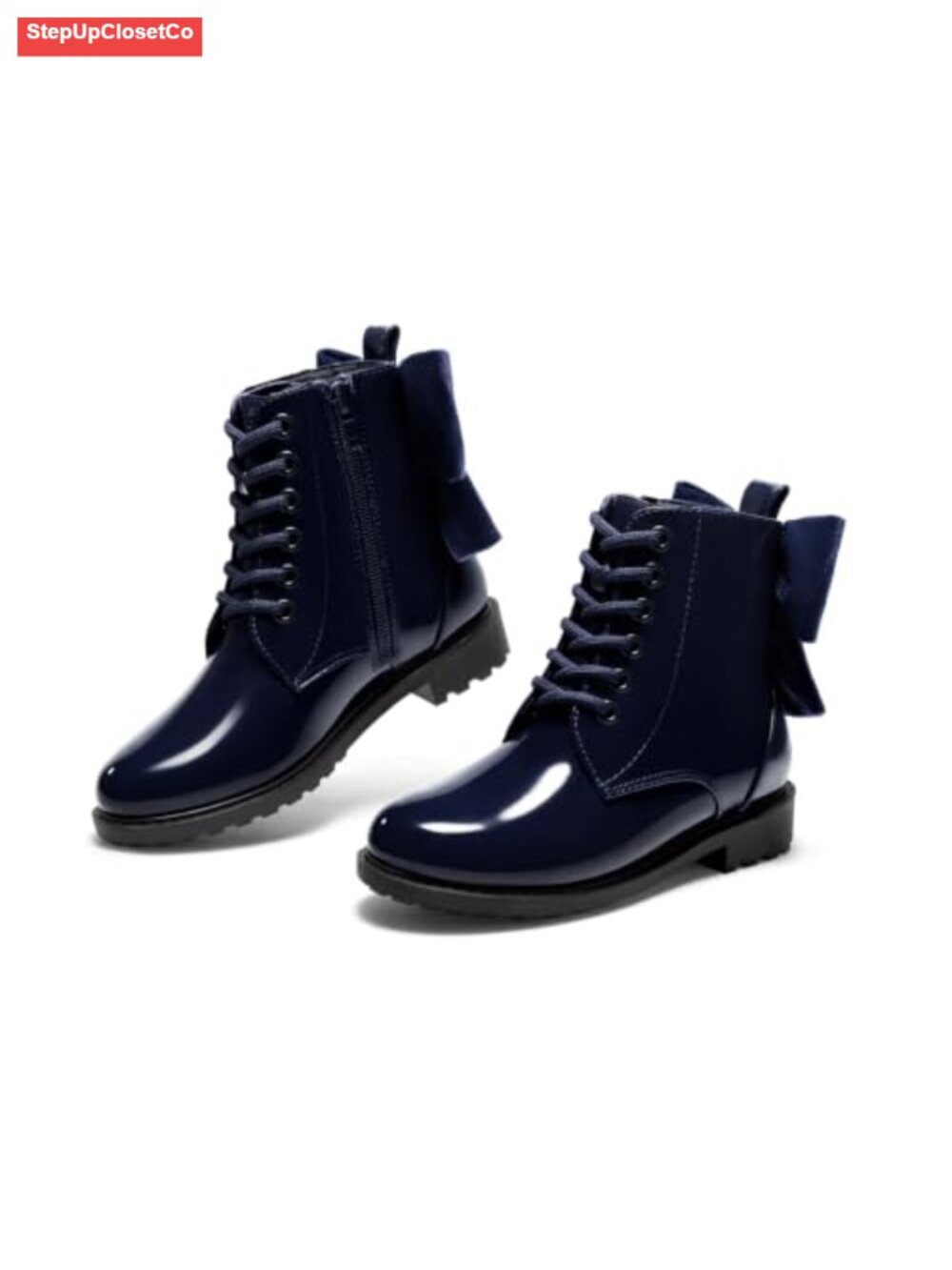 Girls Combat Ankle Boots Bow Lace Up Side Zipper Chunky Heel Booties